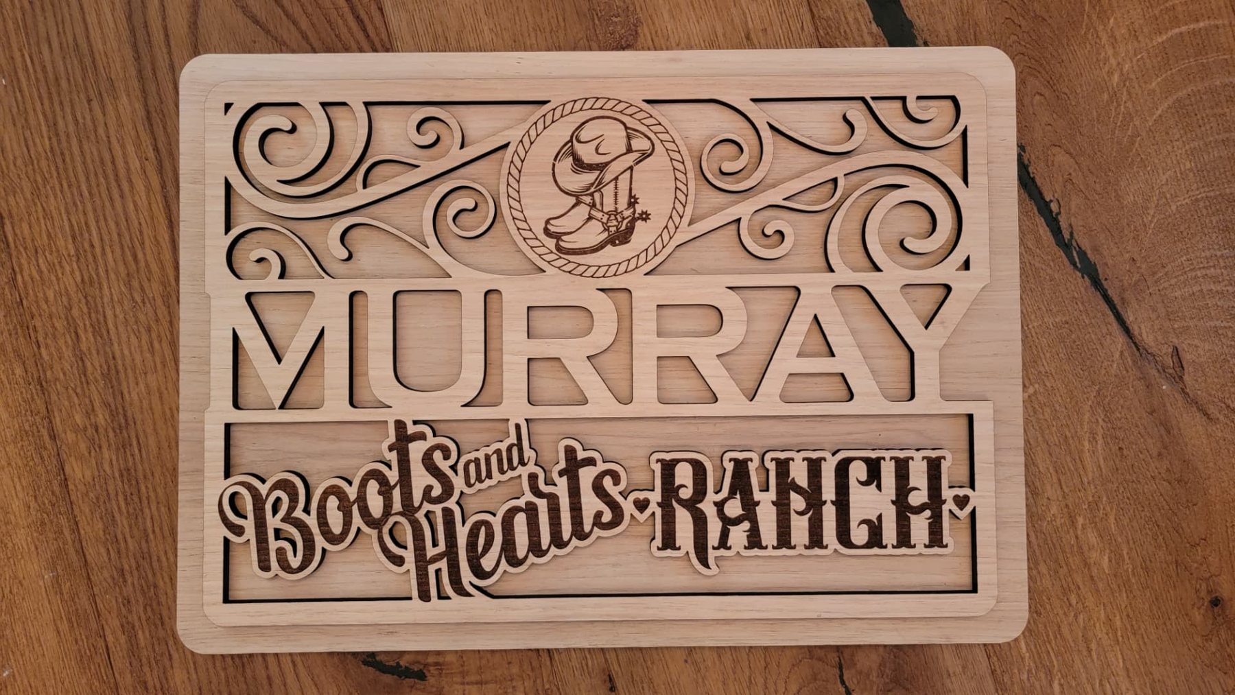 Murray Boots and Hearts Ranch layered maple sign