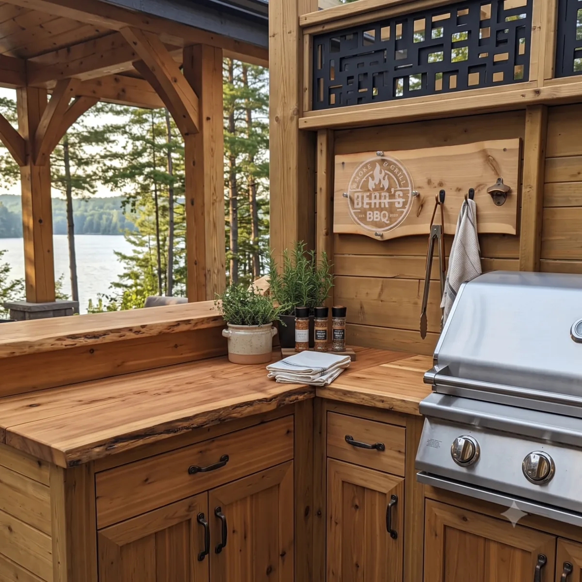 Bear's BBQ engraved cottage cedar sign in an outdoor kitchen