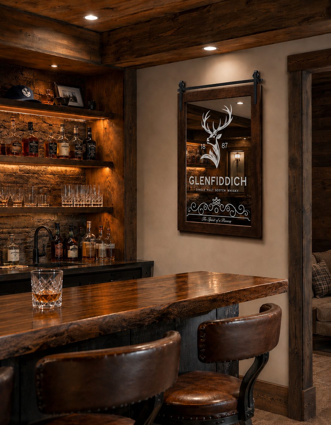 Etched glass mirror with Glenfiddich stag motif in a barn-door frame