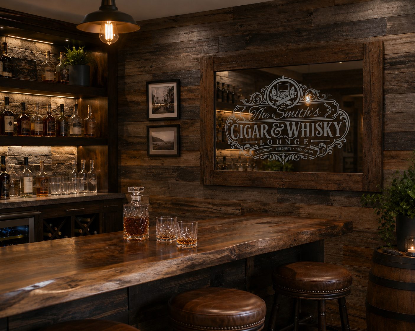 Etched glass mirror for The Smith's Cigar and Whisky Lounge in a rustic wood frame