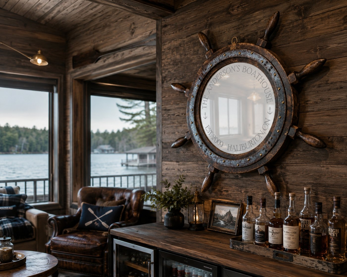 Etched glass mirror with ship wheel and The Anderson's Boathouse lettering on a cedar wall