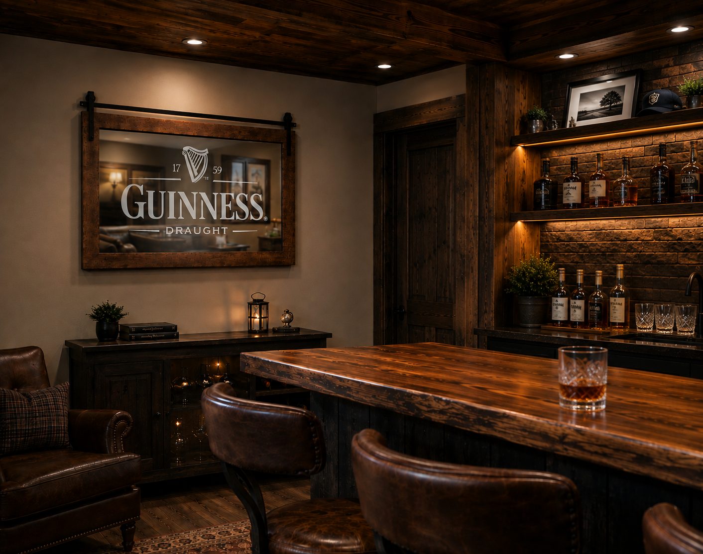 Etched glass mirror with Guinness Draught lettering in a reclaimed wood frame